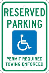 NMC - "Reserved Parking Permit Required Towing Enforced", "Handicap Symbol", 12" Wide x 18" High, Aluminum Reserved Parking Signs - 0.08" Thick, Green & Blue on White, Engineer Grade Reflectivity, Rectangle, Post Mount - Exact Tooling
