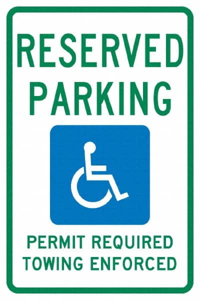 NMC - "Reserved Parking Permit Required Towing Enforced", "Handicap Symbol", 12" Wide x 18" High, Aluminum Reserved Parking Signs - 0.04" Thick, Green & Blue on White, Rectangle, Post Mount - Exact Tooling