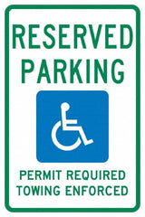 NMC - "Reserved Parking Permit Required Towing Enforced", "Handicap Symbol", 12" Wide x 18" High, Aluminum Reserved Parking Signs - 0.04" Thick, Green & Blue on White, Rectangle, Post Mount - Exact Tooling