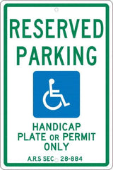 NMC - "Reserved Parking Handicap Plate Or Permit Only A.R.S SEC 28-884", "Handicap Symbol", 12" Wide x 18" High, Aluminum Reserved Parking Signs - 0.063" Thick, Green & Blue on White, Rectangle, Post Mount - Exact Tooling