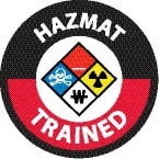 NMC - Haz Mat Trained, Hard Hat Label - Round, Blue, Red, Yellow & Black on White, 0.004" Thick, Indoor or Outdoor, Adhesive Backed, For Accident Prevention - Exact Tooling