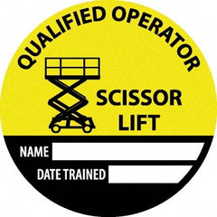 NMC - Safety Trained Scissor Lift - Name ____ Date Trained ____, Hard Hat Label - Round, Yellow, Black, White, 0.004" Thick, Indoor or Outdoor, Adhesive Backed, For Accident Prevention - Exact Tooling