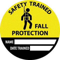 NMC - Safety Trained Fall Protection - Name ____ Date Trained ____, Hard Hat Label - Round, Yellow, Black, White, 0.004" Thick, Indoor or Outdoor, Adhesive Backed, For Accident Prevention - Exact Tooling