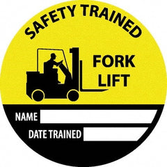NMC - Safety Trained Fork Lift - Name ____ Date Trained ____, Hard Hat Label - Round, Yellow, Black, White, 0.004" Thick, Indoor or Outdoor, Adhesive Backed, For Accident Prevention - Exact Tooling