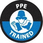 NMC - PPE Trained, Hard Hat Label - Round, Black & Blue on White, 0.004" Thick, Indoor or Outdoor, Adhesive Backed, For Accident Prevention - Exact Tooling