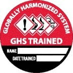 NMC - Globally Harmonized System GHS Trained - Name ____ Date Trained ____, Hard Hat Label - Round, Black & White on Red, 0.004" Thick, Indoor or Outdoor, Adhesive Backed, For Accident Prevention - Exact Tooling