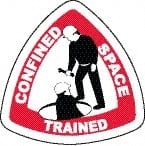 NMC - Confined Space Trained, Hard Hat Label - Triangle, Black & Red on White, 0.004" Thick, Indoor or Outdoor, Adhesive Backed, For Accident Prevention - Exact Tooling