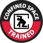 NMC - Confined Space Trained, Hard Hat Label - Round, Black & Red on White, 0.004" Thick, Indoor or Outdoor, Adhesive Backed, For Accident Prevention - Exact Tooling