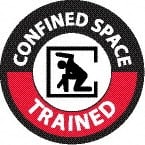 NMC - Confined Space Trained, Hard Hat Label - Round, Black & Red on White, 0.004" Thick, Indoor or Outdoor, Adhesive Backed, For Accident Prevention - Exact Tooling