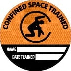NMC - Confined Space Trained - Name ____ Date Trained ____, Hard Hat Label - Round, Black & Orange on White, 0.004" Thick, Indoor or Outdoor, Adhesive Backed, For Accident Prevention - Exact Tooling