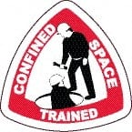 NMC - Confined Space Trained, Hard Hat Label - Triangle, Black & Red on White, 0.004" Thick, Indoor or Outdoor, Adhesive Backed, For Accident Prevention - Exact Tooling