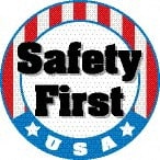 NMC - Safety First USA, Hard Hat Label - Round, Red, White, Blue & Black on White, 0.004" Thick, Indoor or Outdoor, Adhesive Backed, For Accident Prevention - Exact Tooling