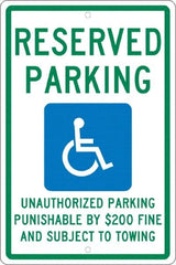 NMC - "Reserved Parking Unauthorized Parking Punishable By $200 Fine And Subject To Towing", "Handicap Symbol", 12" Wide x 18" High, Aluminum ADA Signs - 0.063" Thick, Green & Blue on White, Rectangle, Post Mount - Exact Tooling