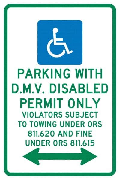 NMC - "Parking With D.M.V. Disabled Permit Only", "Double Arrow, Handicapped Symbol", 12" Wide x 18" High, Aluminum ADA Signs - 0.04" Thick, Green & Blue on White, Rectangle, Post Mount - Exact Tooling