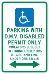 NMC - "Parking With D.M.V. Disabled Permit Only", "Double Arrow, Handicapped Symbol", 12" Wide x 18" High, Aluminum ADA Signs - 0.04" Thick, Green & Blue on White, Rectangle, Post Mount - Exact Tooling