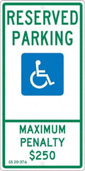 NMC - "Reserved Parking Maximum Penalty $250", "Handicap Symbol", 12" Wide x 24" High, Aluminum ADA Signs - 0.063" Thick, Green & Blue on White, Rectangle, Post Mount - Exact Tooling