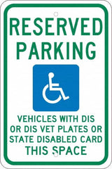 NMC - "Reserved Parking Vehicles With Dis Or Dis Vet Plates Or State Disabled Card This Space", "Handicap Symbol", 12" Wide x 18" High, Aluminum ADA Signs - 0.08" Thick, Green & Blue on White, Engineer Grade Reflectivity, Rectangle, Post Mount - Exact Tooling