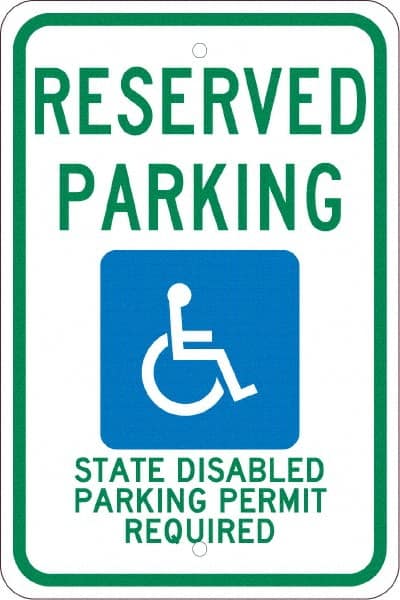NMC - "Reserved Parking State Disabled Parking Permit Required", "Handicap Symbol", 12" Wide x 18" High, Aluminum ADA Signs - 0.08" Thick, Green & Blue on White, Engineer Grade Reflectivity, Rectangle, Post Mount - Exact Tooling