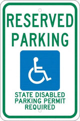 NMC - "Reserved Parking State Disabled Parking Permit Required", "Handicap Symbol", 12" Wide x 18" High, Aluminum ADA Signs - 0.08" Thick, Green & Blue on White, Engineer Grade Reflectivity, Rectangle, Post Mount - Exact Tooling
