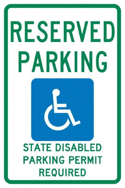 NMC - "Reserved Parking State Disabled Parking Permit Required", "Handicap Symbol", 12" Wide x 18" High, Aluminum ADA Signs - 0.04" Thick, Green & Blue on White, Rectangle, Post Mount - Exact Tooling