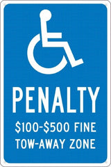 NMC - "Penalty $100-$500 Fine Tow-Away Zone", "Handicap Symbol", 12" Wide x 18" High, Aluminum ADA Signs - 0.04" Thick, White on Blue, Rectangle, Post Mount - Exact Tooling