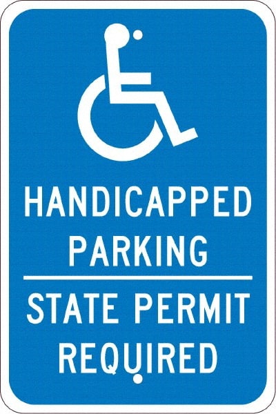 NMC - "Handicapped Parking State Permit Required", "Handicap Symbol", 12" Wide x 18" High, Aluminum ADA Signs - 0.08" Thick, White on Blue, Engineer Grade Reflectivity, Rectangle, Post Mount - Exact Tooling