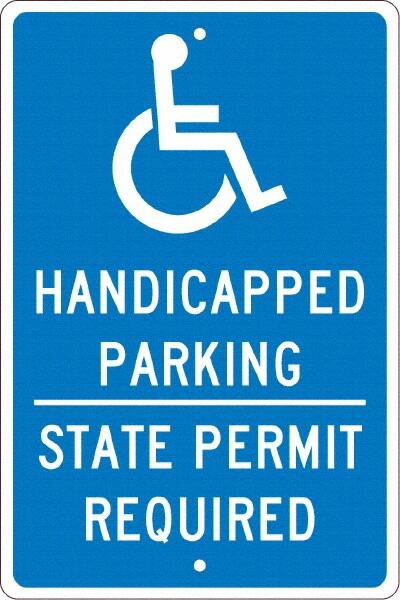 NMC - "Handicapped Parking State Permit Required", "Handicap Symbol", 12" Wide x 18" High, Aluminum ADA Signs - 0.063" Thick, White on Blue, Rectangle, Post Mount - Exact Tooling