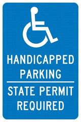 NMC - "Handicapped Parking State Permit Required", "Handicap Symbol", 12" Wide x 18" High, Aluminum ADA Signs - 0.04" Thick, White on Blue, Rectangle, Post Mount - Exact Tooling