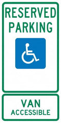 NMC - "Reserved Parking Van Accessible", "Handicap Symbol", 12" Wide x 24" High, Aluminum ADA Signs - 0.04" Thick, Green & Blue on White, Rectangle, Post Mount - Exact Tooling