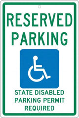NMC - "Reserved Parking State Disabled Parking Permit Required", "Handicap Symbol", 12" Wide x 18" High, Aluminum ADA Signs - 0.063" Thick, Green & Blue on White, Rectangle, Post Mount - Exact Tooling