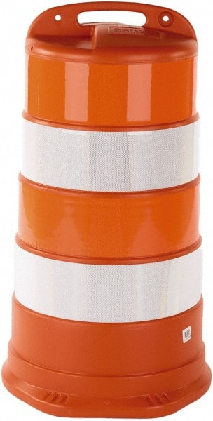 PRO-SAFE - 40" High x 36" Wide Reflective Round Barrel - High Density Polyethylene (HDPE), 10 Lbs, Orange - Exact Tooling