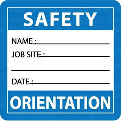 NMC - Safety Orientation - Name ____ Job Site ____ Date ____, Hard Hat Label - Blue/White/Black, 0.045" Thick, For Accident Prevention - Exact Tooling