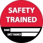 NMC - Safety Trained - Name ____ Date Trained ____, Hard Hat Label - Black/Red/White, 0.045" Thick, For Accident Prevention - Exact Tooling