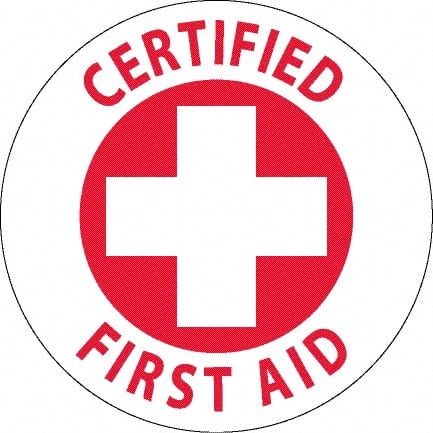 NMC - Certified First Aid, Hard Hat Label - Red on White, 0.045" Thick, For Accident Prevention - Exact Tooling