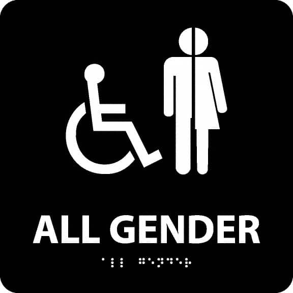 NMC - "All Gender", 8" Long x 8" Wide, Gravoply (Engraved) Safety Sign - Square, 0.25" Thick, Use for Restroom, Janitorial & Housekeeping - Exact Tooling