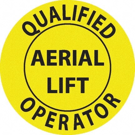 NMC - Qualified Aerial Lift Operator, Hard Hat Label - Black on Yellow, 0.045" Thick, For Accident Prevention - Exact Tooling