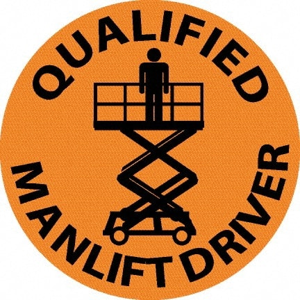 NMC - Qualified Man Lift Driver, Hard Hat Label - Black on Orange, 0.045" Thick, For Accident Prevention - Exact Tooling