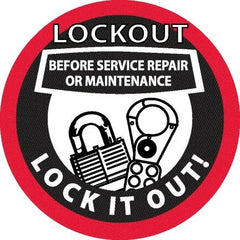 NMC - Lockout Before Service Repair or Maintenance - Lock It Out, Hard Hat Label - Black & Red on White, 0.045" Thick, For Accident Prevention - Exact Tooling