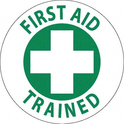 NMC - First Aid Trained, Hard Hat Label - Green on White, 0.045" Thick, For Accident Prevention - Exact Tooling