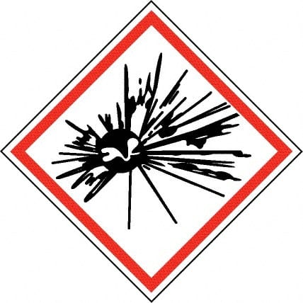 NMC - Hazardous Materials Label, Header: Explosive Warning - Legend: GHS - Graphic, English, Black & Red, 4" Long x 4" High, No Coating - Exact Tooling
