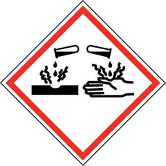 NMC - Hazardous Materials Label, Header: Corrosive Warning - Legend: GHS - Graphic, English, Black & Red, 4" Long x 4" High, No Coating - Exact Tooling