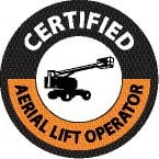 NMC - Certified Aerial Lift Operator, Hard Hat Label - Round, Black & Orange on White, 0.004" Thick, Indoor or Outdoor, Adhesive Backed, For Certified Operator - Exact Tooling