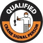 NMC - Qualified Crane Signal Person, Hard Hat Label - Round, Black & Orange on White, 0.004" Thick, Indoor or Outdoor, Adhesive Backed, For Accident Prevention - Exact Tooling