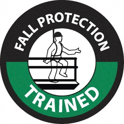 NMC - Fall Protection Trained, Hard Hat Label - Diamond, White & Green on Black, 0.004" Thick, Indoor or Outdoor, Adhesive Backed, For Accident Prevention - Exact Tooling