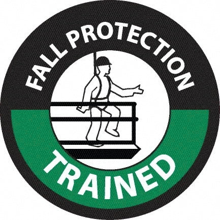 NMC - Fall Protection Trained, Hard Hat Label - Round, White & Green on Black, 0.004" Thick, Indoor or Outdoor, Adhesive Backed, For Accident Prevention - Exact Tooling