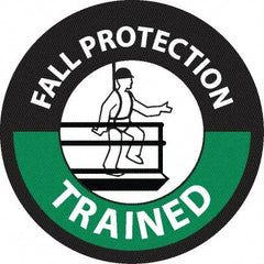 NMC - Fall Protection Trained, Hard Hat Label - Round, White & Green on Black, 0.004" Thick, Indoor or Outdoor, Adhesive Backed, For Accident Prevention - Exact Tooling