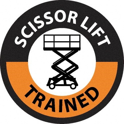 NMC - Scissor Lift Trained, Hard Hat Label - Round, Black & Orange on White, 0.004" Thick, Indoor or Outdoor, Adhesive Backed, For Accident Prevention - Exact Tooling