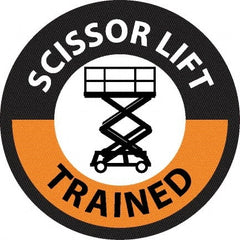 NMC - Scissor Lift Trained, Hard Hat Label - Round, Black & Orange on White, 0.004" Thick, Indoor or Outdoor, Adhesive Backed, For Accident Prevention - Exact Tooling