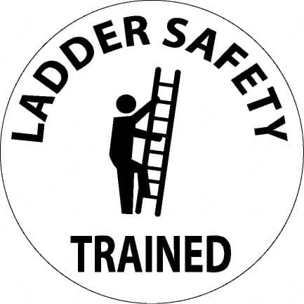 NMC - Ladder Safety Trained, Hard Hat Label - Round, Black on White, 0.004" Thick, Indoor or Outdoor, Adhesive Backed, For Accident Prevention - Exact Tooling