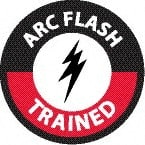 NMC - Arc Flash Trained, Hard Hat Label - Round, White & Red on Black, 0.004" Thick, Indoor or Outdoor, Adhesive Backed, For Accident Prevention - Exact Tooling